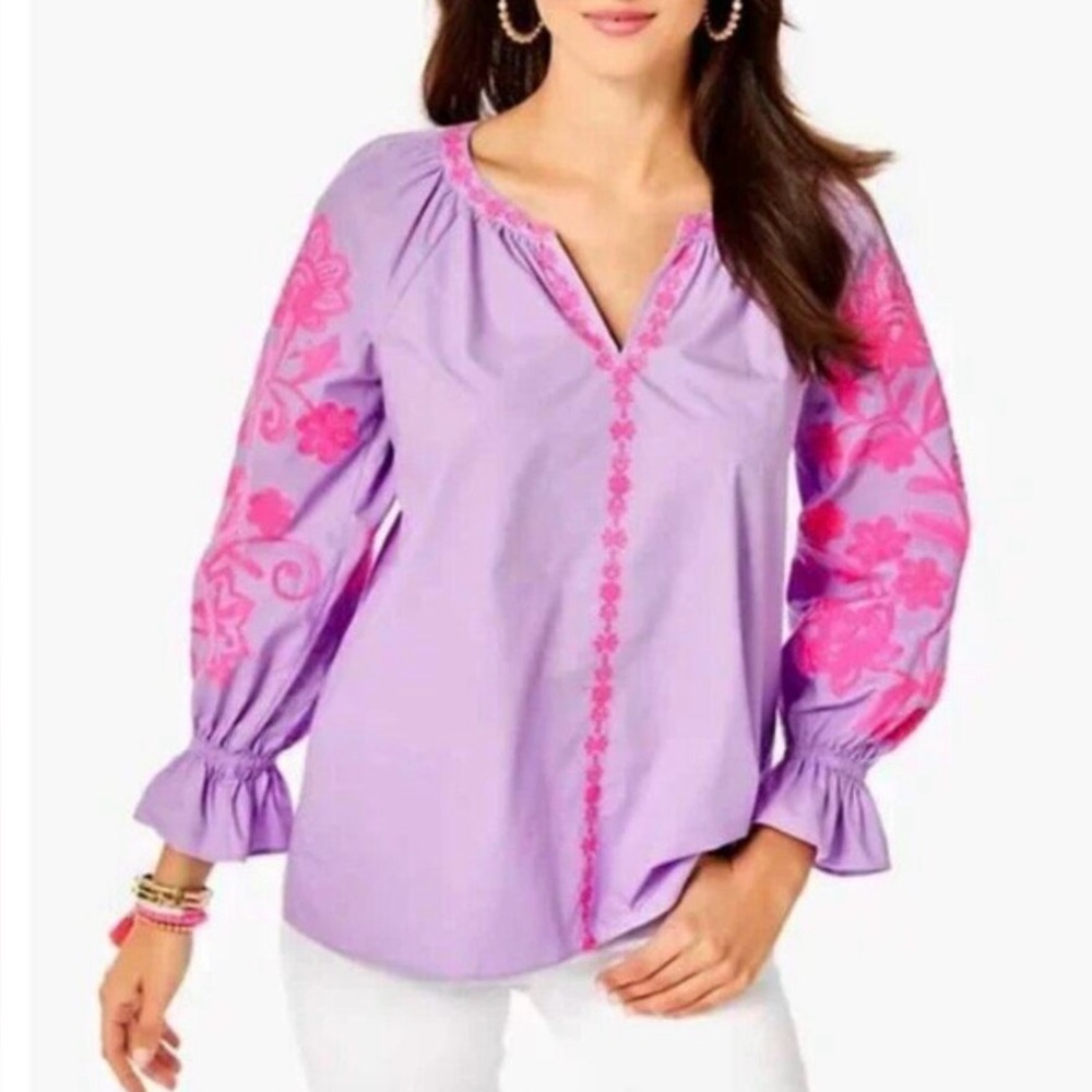 Lilly Pulitzer Women's Purple and Pink Embroidered Top.  NWT